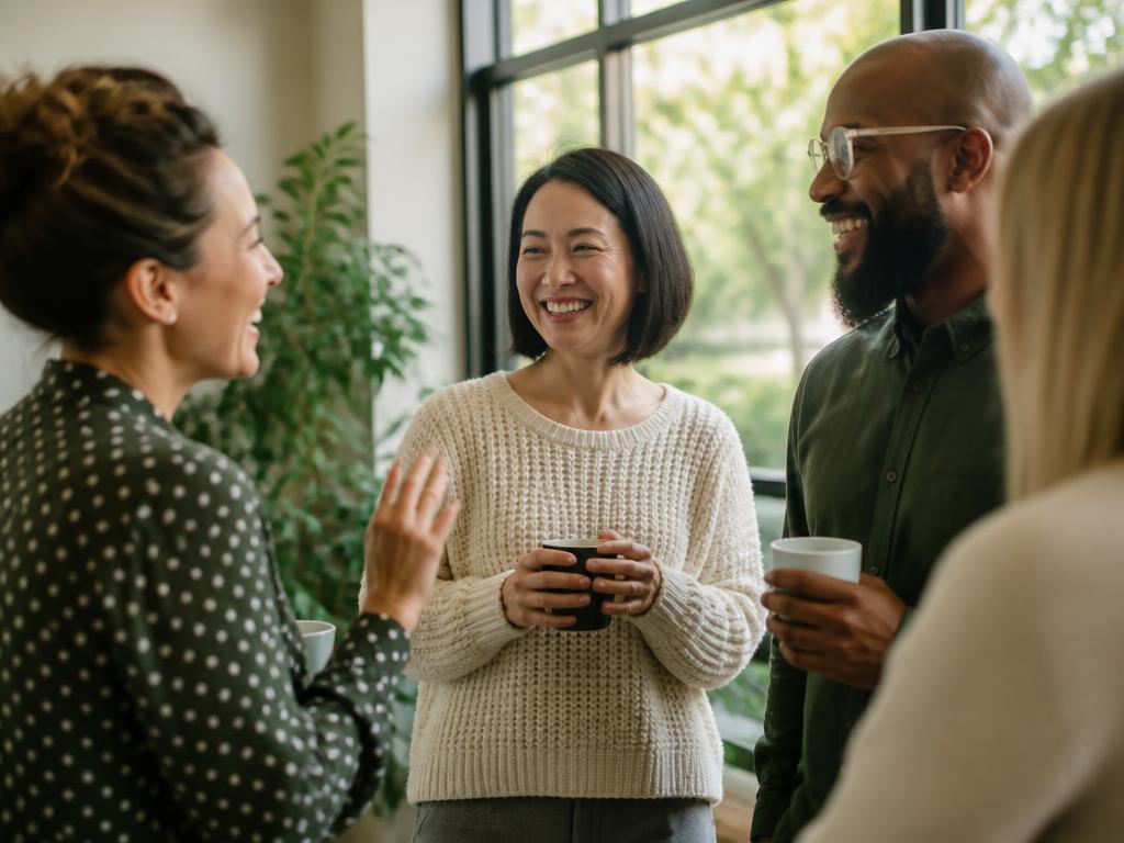 Small group of people talking together in a bright, plant-filled room