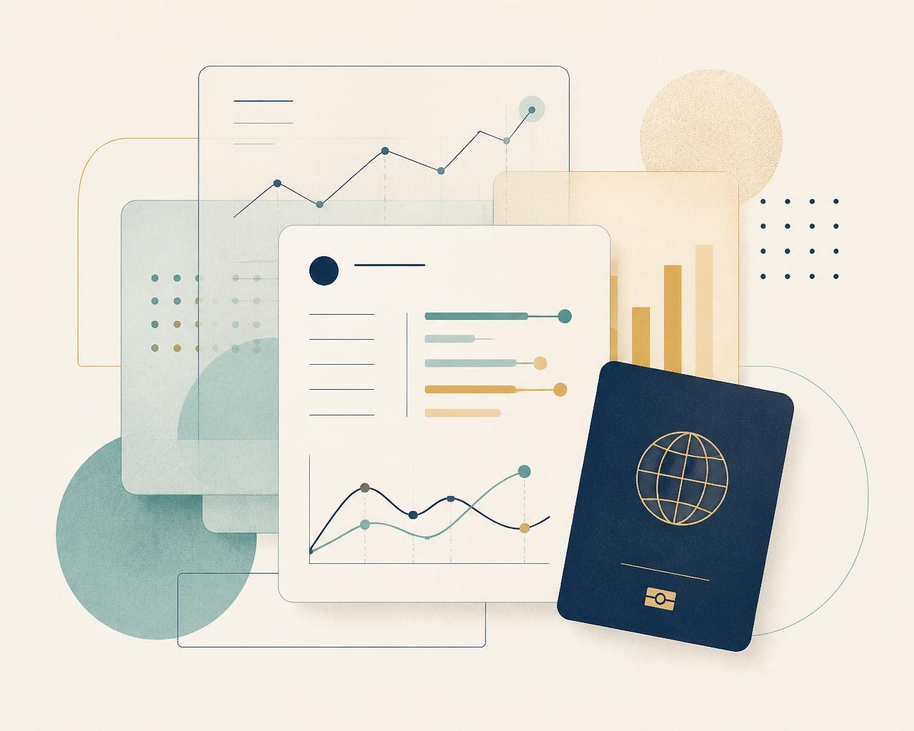 Layered healthcare cost cards, price trend charts, and an access passport